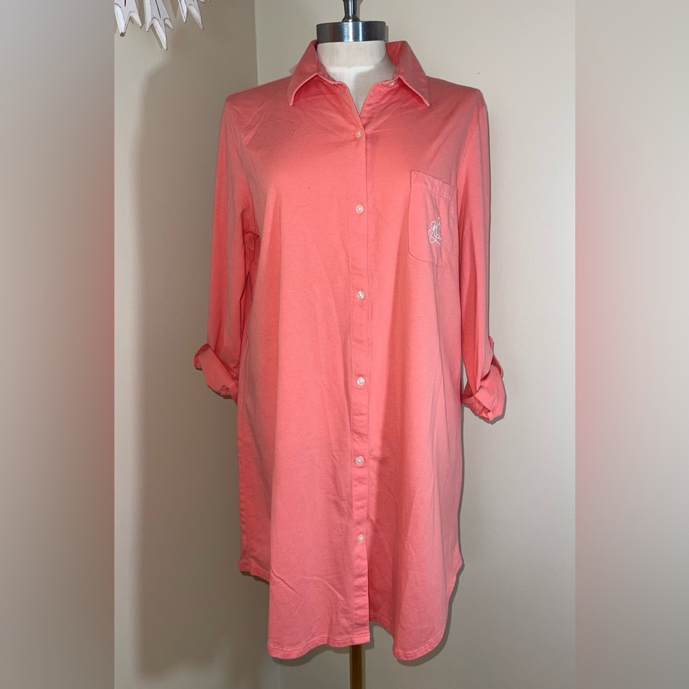 Lauren Ralph Lauren Coral Button-Up Sleepwear Loungewear Shirt Dress L